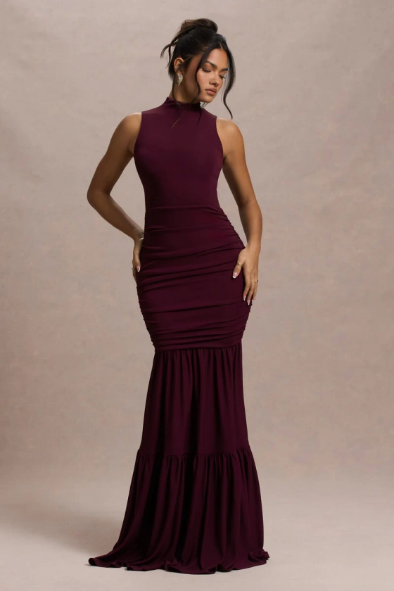 Verano | Plum High-Neck Tiered Maxi Dress