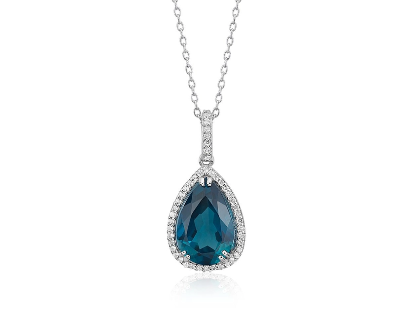 London Blue Topaz Elegant Halo Pendant in Sterling Silver (14x9mm)