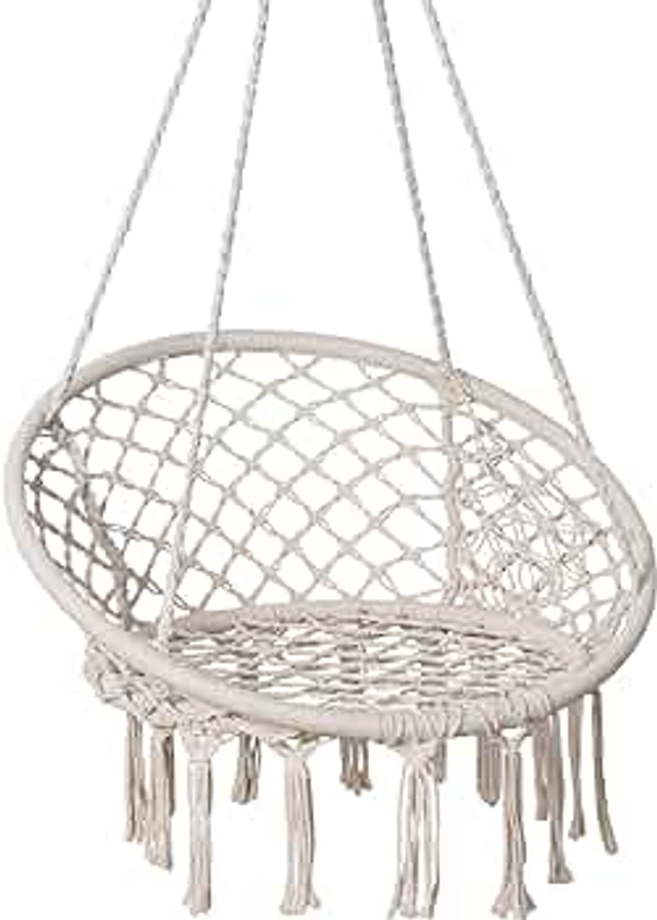 SUNCREAT Hammock Chair Macrame Swing with Side Pocket, Hanging Cotton Rope Hammock Swing Chair for Indoor and Outdoor Use, 330 lbs Capacity, Beige