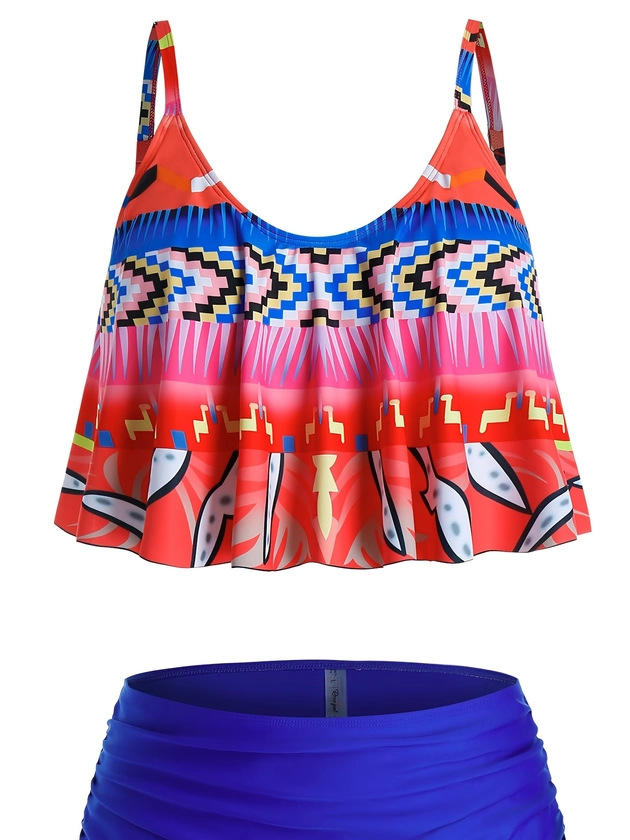 Plus Size Geometric Print Tank Top & Panty Tankini, Women's Plus High Stretch Elegant Swimsuit 2pcs Set