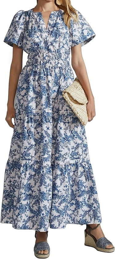 Women's Summer Print Maxi Dress with V-Neck, Smocked Waist, Side Pockets and Pintucked Hem