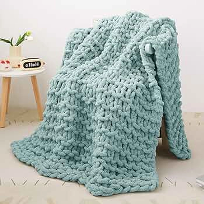 Mooreeke Chunky Knit Blanket 50"x60" Aqua Blue Soft Washable Chenille Throw Blanket Cozy 100% Handmade Crochet Blankets with Jumbo Chenille Yarn for Couch Bed Sofa Room Decor