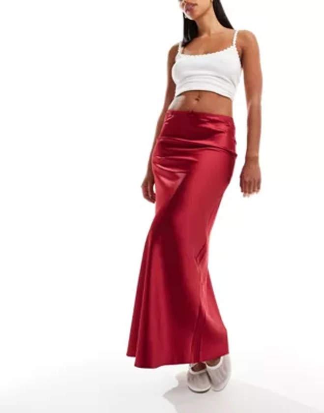Miss Selfridge satin bias maxi skirt in red | ASOS