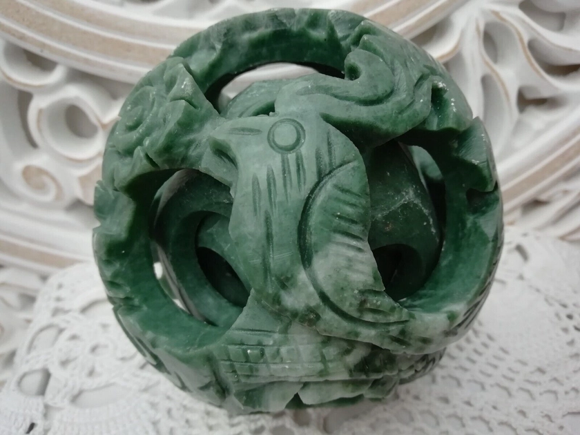 Large 10cm Vintage Chinese Hand Carved Green Hardstone Puzzle Ball