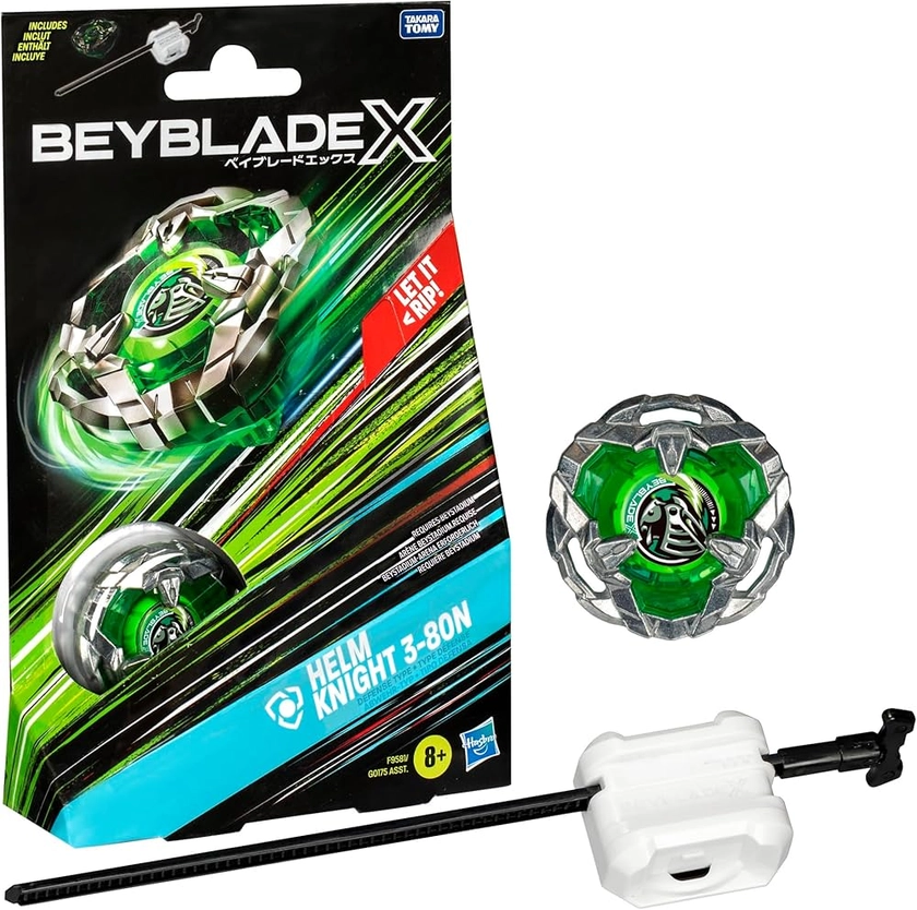 Beyblade X, Starter Pack avec toupie de compétition Helm Knight 3-80N et Lanceur