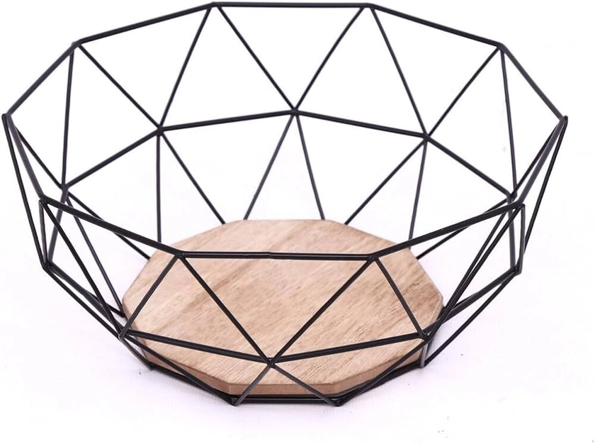 Black Geometric Metal Wire Wooden Base Decorative Storage/ Display Basket Fruit Bowl : Amazon.co.uk: Home & Kitchen