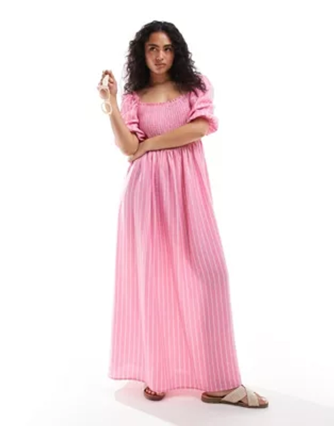 ASOS DESIGN puff sleeve shirred midi dress in pink stripe