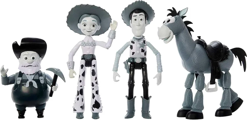 Mattel Disney and Pixar Toy Story Set of 4 Action Figures with Mon0chromatic Woody, Jessie, Bullseye & Stinky Pete, Woody's Roundup, 7-in Scale