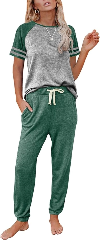 AUTOMET Lounge Sets For Women Two Piece Outfits Loungewear Short Sleeve Crewneck Jogger Pajama Set and Sweatpants Tracksuit