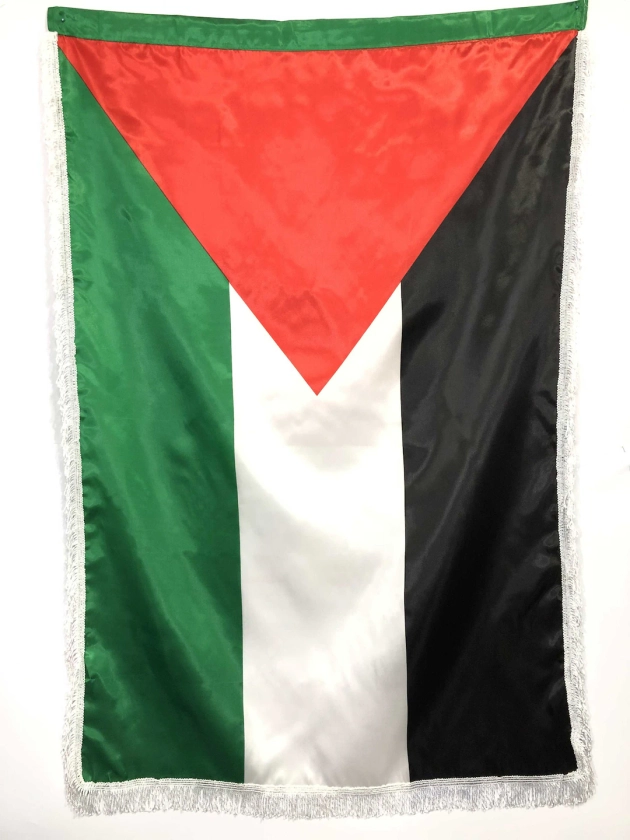 Drapeau de Palestine Grande bannière suspendue pour extérieur et intérieur Taille : 90 x 150 cm Couleur vert rouge blanc noir avec franges blanches Liberté Palestine - Etsy France