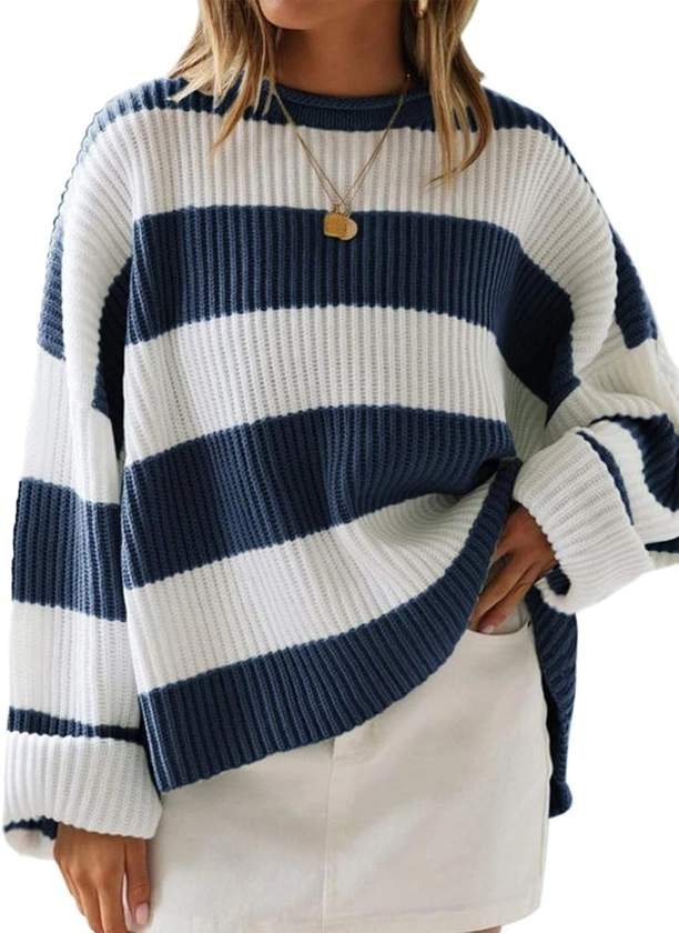 ZESICA Women's 2024 Fall Long Sleeve Crew Neck Striped Color Block Comfy Loose Oversized Knitted Pullover Sweater