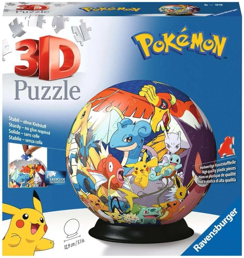Ravensburger - Puzzle 3D Ball - Pokémon - A partir de 6 ans - 72 pièces numérotées à assembler sans colle - Support inclus - Diamètre : 13 cm - 11785