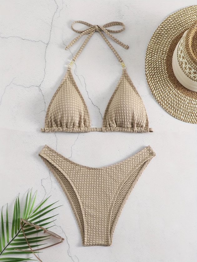 Solid Color Triangle 2 Piece Set Bikini, Halter V Neck Tie Back Backless High Cut Swimsuits, Women's Swimwear & Clothing