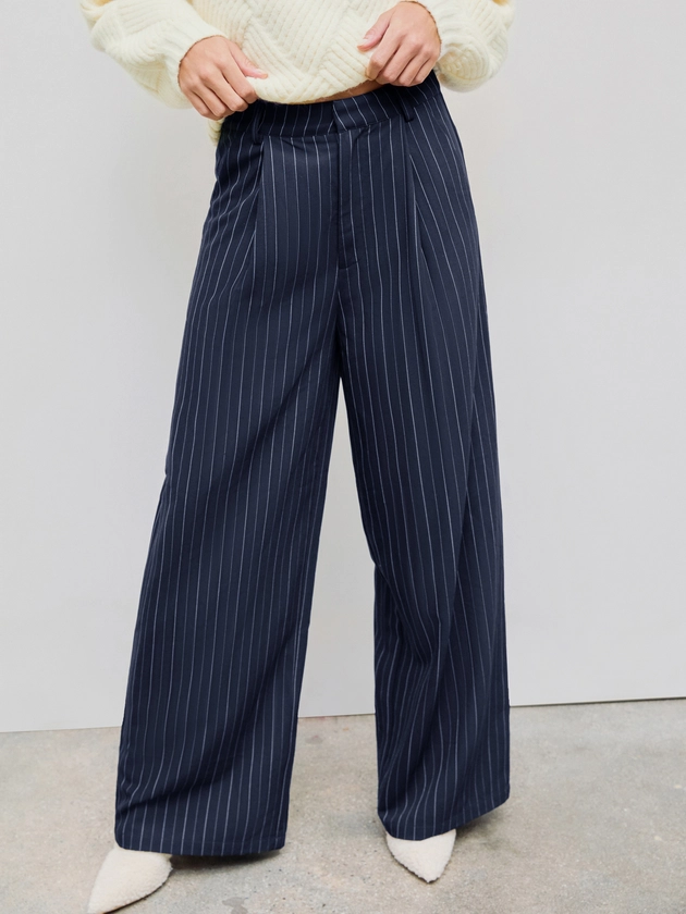 Woven Stripe Button Pleated Wide Leg Trousers For Work