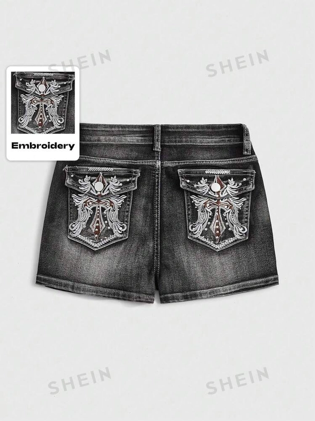 ROMWE Grunge Punk Women's Cross Embroidery Pocket Casual Denim Shorts, School