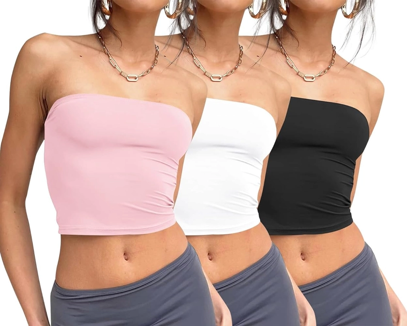Trendy Queen Womens 3 Pack Tube Tops Crop Tops Going Out Strapless Basic Backless Bandeau Bra Summer Outfits 2024