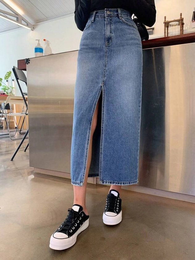 DAZY Jupe en jean taille haute fendue