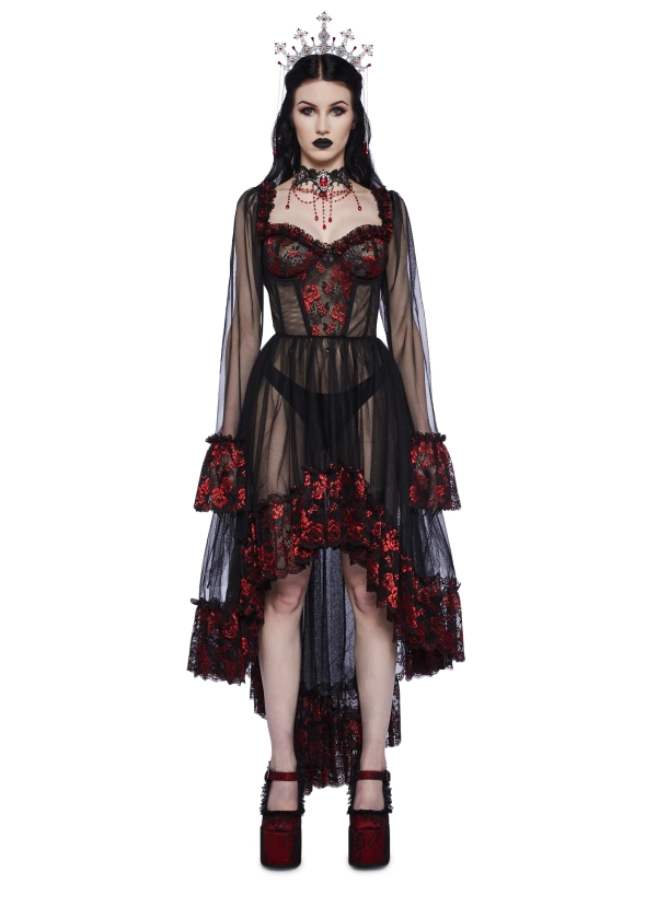 Widow High Low Sheer Mesh Lace Gothic Dress - Black