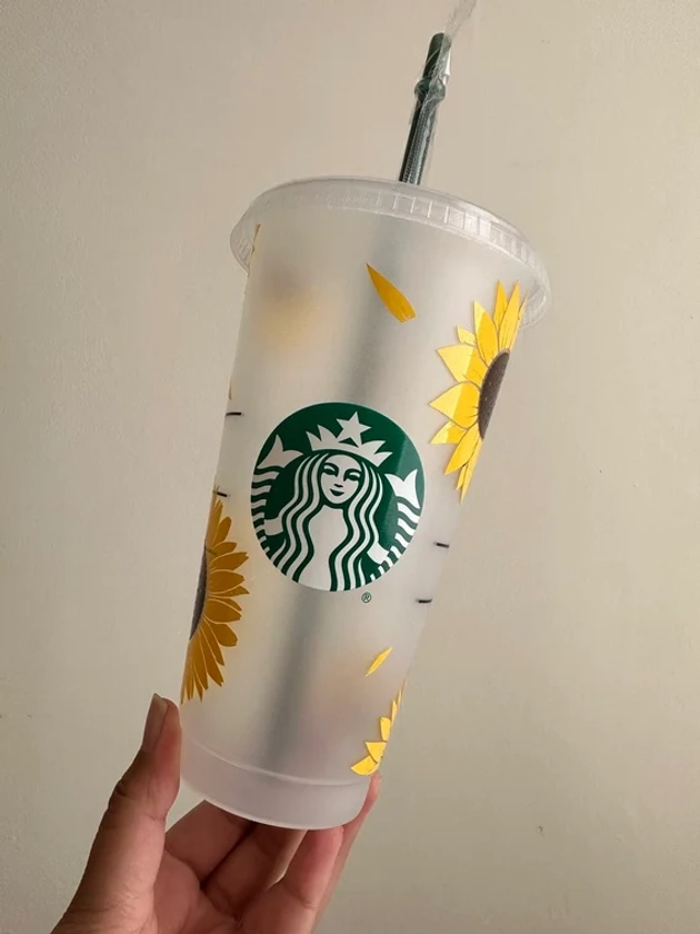 24oz Sunflower inspired Personalized Starbucks Cup | Custom Name Tumbler | Gift for Coffee Lovers | Custom Travel Cup