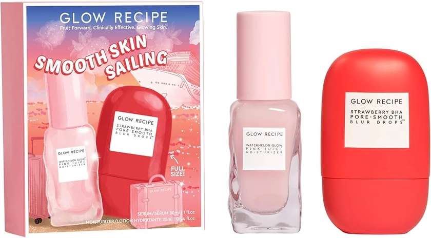 Glow Recipe Smooth Skin Sailing Skincare Set - Watermelon Glow Pink Juice Facial Moisturizer (25ml) + Silicone-Free BHA Strawberry Pore Minimizer Blurring Drops (30ml)