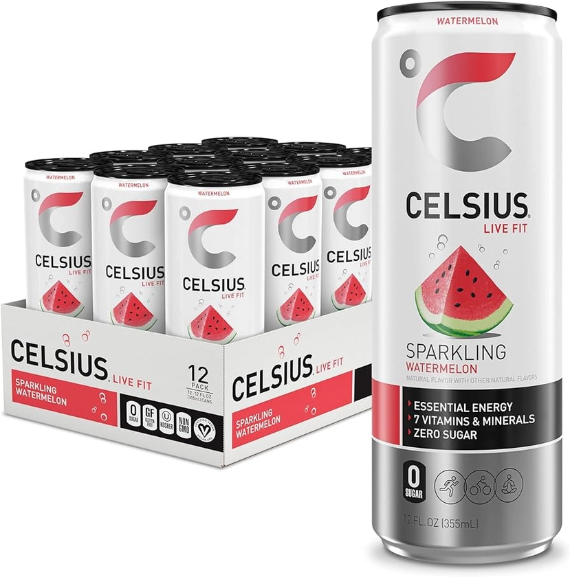 CELSIUS Sparkling Watermelon, Functional Essential Energy Drink 12 Fl Oz (Pack of 12)