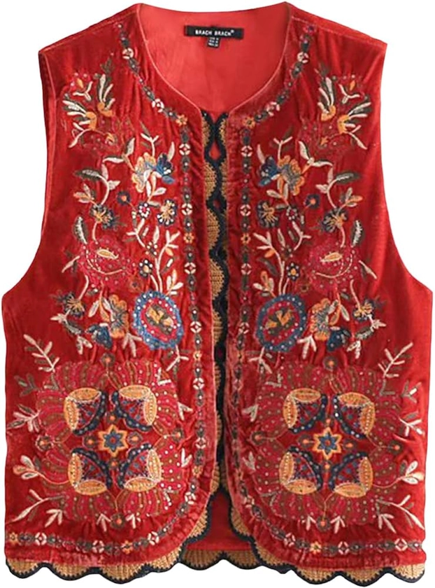 Women's Vintage Embroidered Floral Vest Y2k Sleeveless Linen Open Shirt Blouse Fashion Crochet Cardigan Shirt Tops