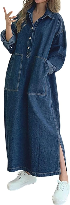 Jofemuho Womens Classic Long Jean Jacket Plus Size Loose Long Sleeve Button Down Denim Jacket Trench Coat