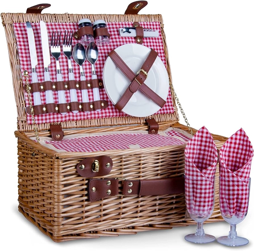 Picnic Basket for 2 Wicker Picnic Set with Insulated Liner for Camping,Wedding,Valentine Day,Gift - Reinforced Handle, Red