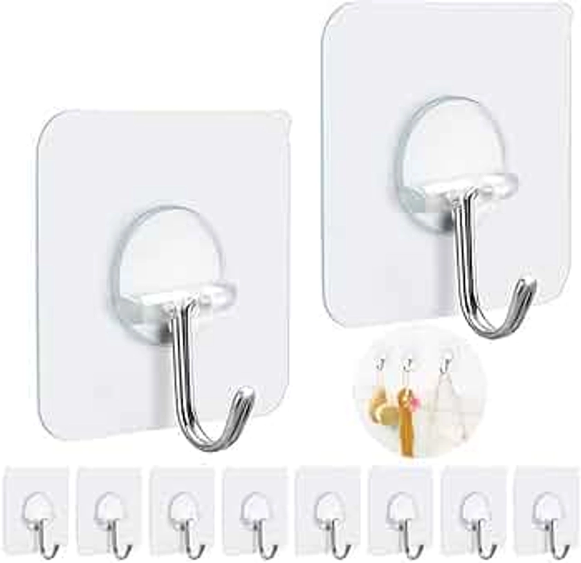 FOTYRIG Adhesive Hooks Heavy Duty Wall Hooks Sticky Hooks for Hanging Wall Hangers Without Nails 15lb(Max) 180 Degree Rotating Seamless Stick on Bathroom Kitchen Office Outdoors-10 Packs