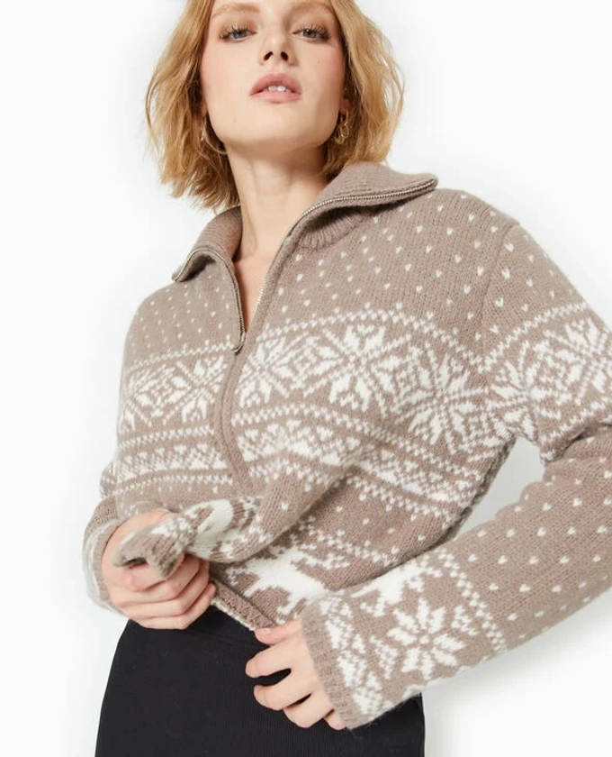 Gilet court zippé avec motifs de Noël			
			 - Taupe