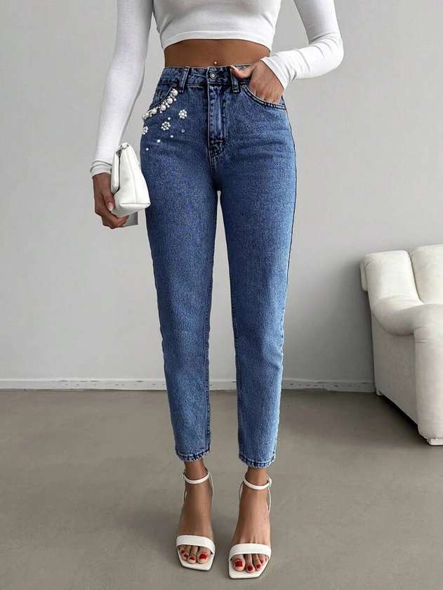 SHEIN Cottnline Jean En Denim Taille Haute Avec Perles Et Ornements En Strass