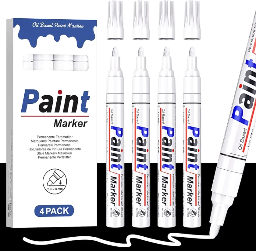 AOSUCO White Paint Pens, Permanent Paint Markers, 2-2.8mm Round Tip, Paint Marker Pens for Rock Painting, Tyre, Metal, Glass, Wood, Plastic, Leather, Ceramic, 4 Oil-based Waterproof White Ink Pen Set