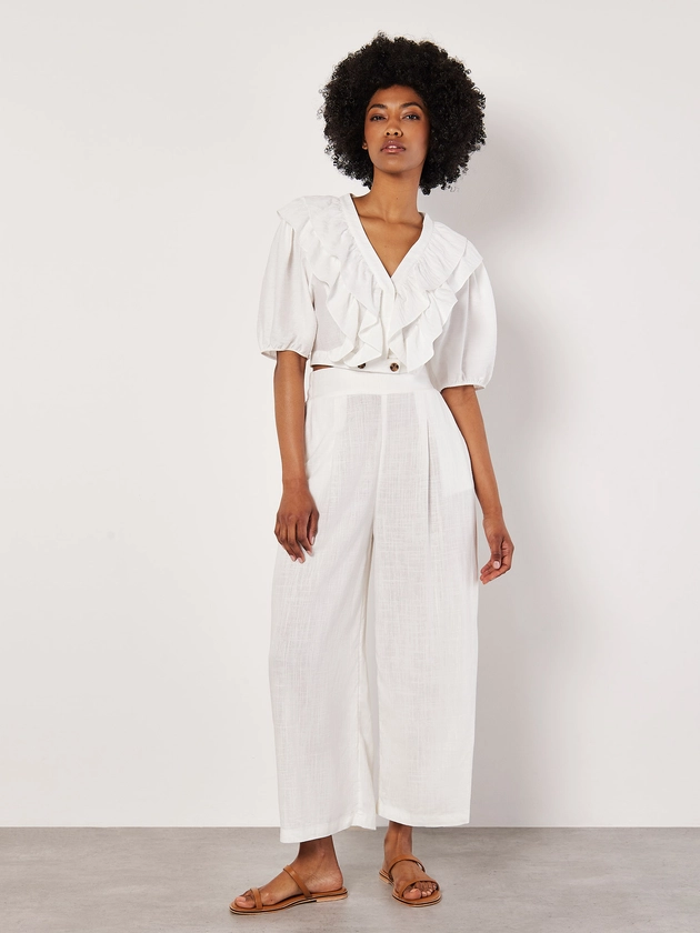 Linen Blend Cropped Palazzo Trousers | Apricot Clothing