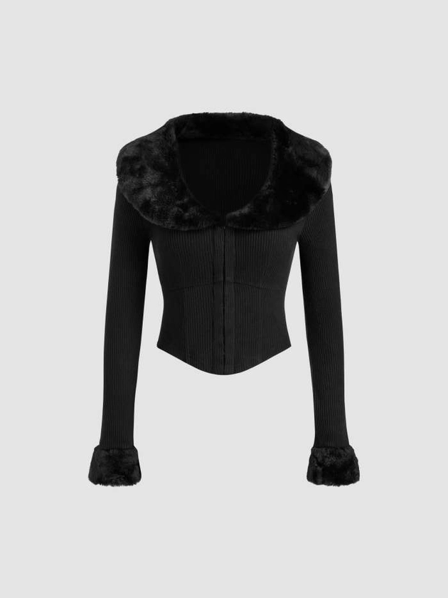 Faux-Fur Collar Solid Long Sleeve Top