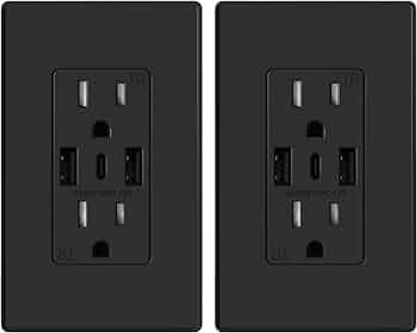 ELEGRP USB Wall Outlets, 3-Ports USB C Wall Outlets Receptacles, Matte Black 15 Amp Outlets with USB Ports, TR Tamper-Resistant USB Outlets, Screwless Wall Plate Included, UL & CUL Listed, 2 Pack