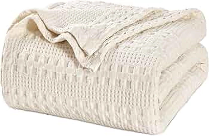 PHF 100% Cotton Waffle Weave Blanket Queen Size for Bed, Lightweight Washed Cotton Blanket - 90"x90" Aesthetic Soft Woven and Breathable Blanket for Sofa Home Decor - Undyed