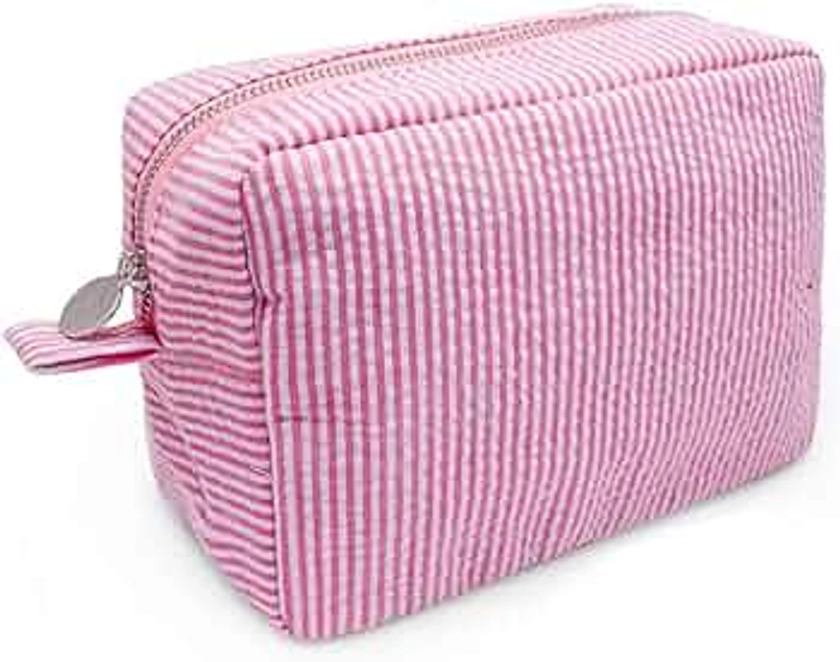 GFU Cosmetic Bag for Women, Large Makeup Bag, Travel Toiletry Stripe Cosmetic Bag, Seersucker Women Aesthetic Organizer Storage Pouch, Girls Handbags Purses (Pink)