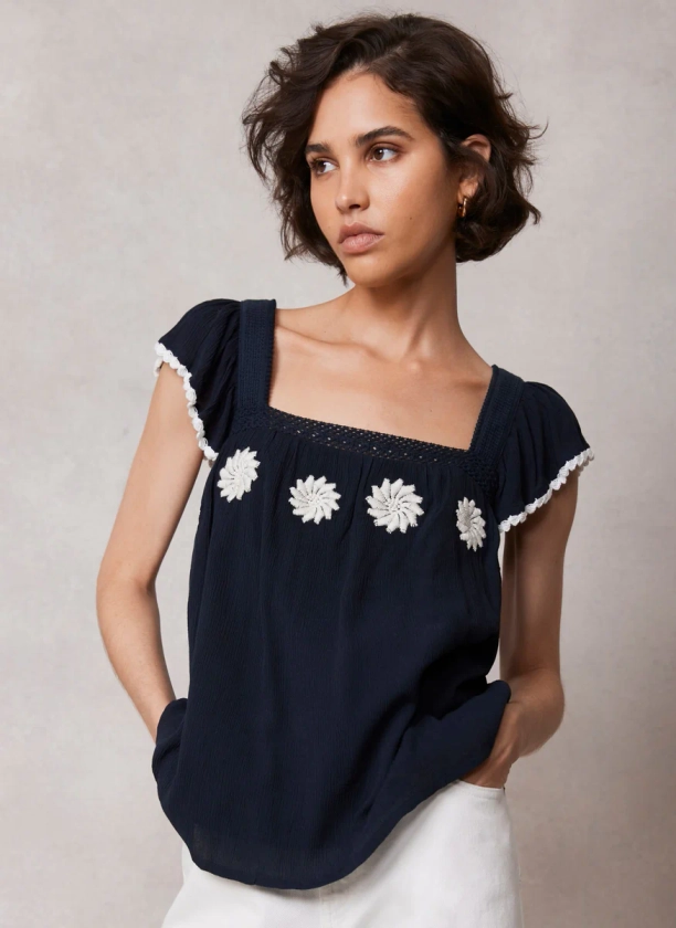 Navy Floral Embroidered Top