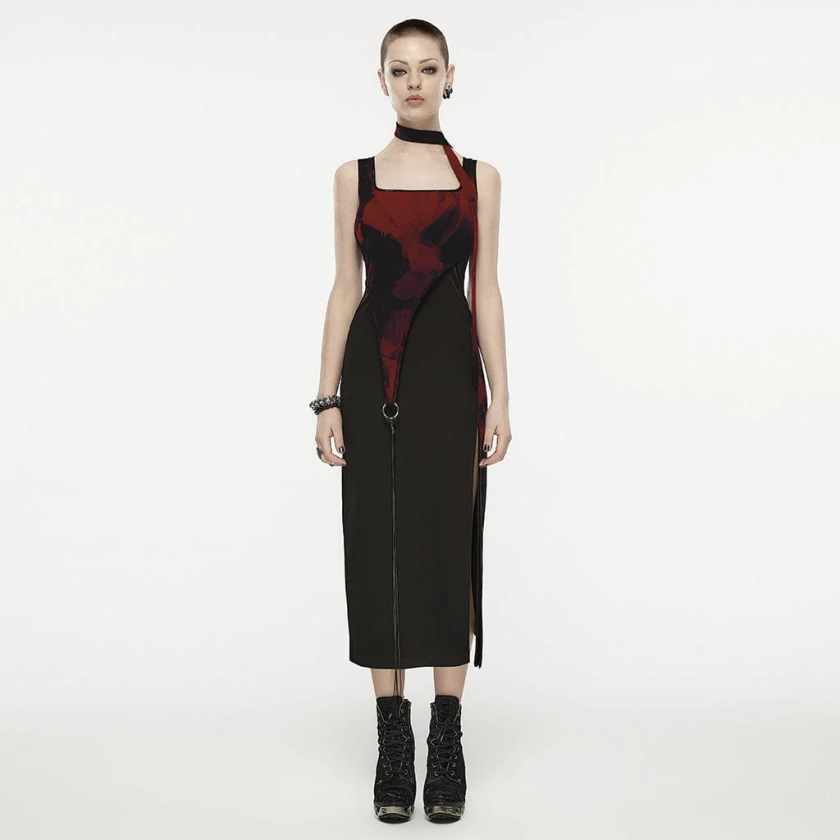 Women's Grunge Ink Printed Split Slip Dress with Neckwear