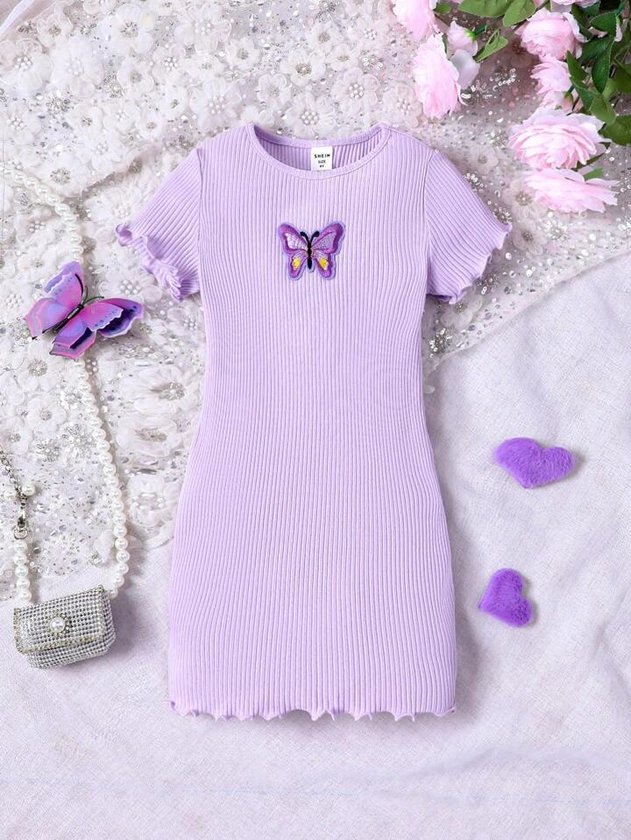 SHEIN Young Girl Knitted Solid Color Round Neck Butterfly Patterned Casual Dress