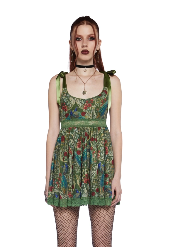 Widow Peacock Floral Print Babydoll Mini Dress - Green