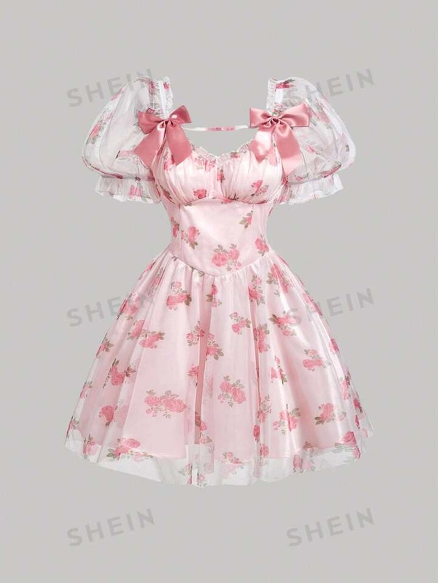 SHEIN MOD Vestido de Festa Curto com Estampa de Flores Rosa em Malha de Mangas Curtas e Laço, Look Romântico, Tamanho de Verão