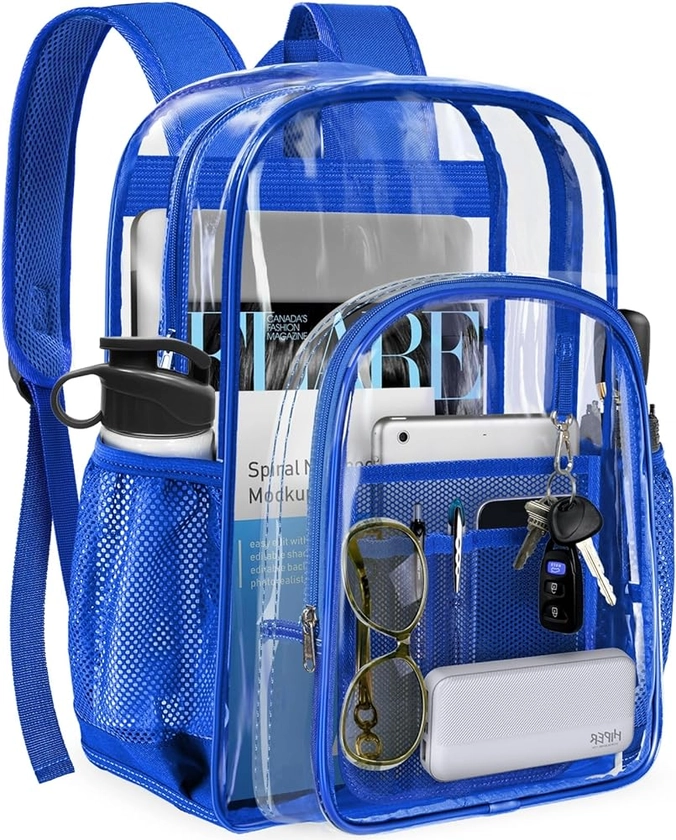 PAMANO Clear Backpack Transparent Heavy Duty See Through Bag for College Work Stadium Concert Travel Security, Blue