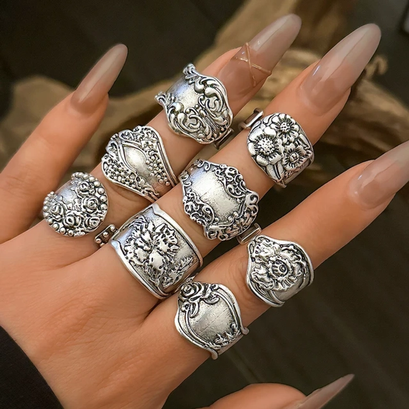 Ingemark 8Pcs Vintage Silver Color Adjustable Open Rings for Women Goth Carved Flower Metal Rings Engagement Wed Jewelry Gift - AliExpress 36