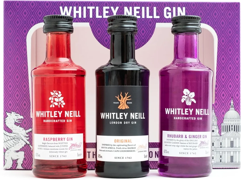 Whitley Neill Gin Gift Set - Flavoured Gin Alcohol Miniatures, 3x 5cl Original, Raspberry Gin, Rhubarb & Ginger Gin Gifts for Women & Men, Birthday Gifts for Her - Gin Gifts Alcohol Gift Set