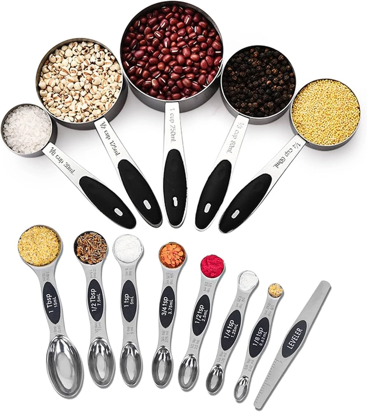 Measuring Cup and Magnetic Measuring Spoons Set, 5 Stainless Steel Nesting Measuring Cup & 7 Double Sided Stackable Magnetic Measuring Spoons & 1 Leveler, for Cooking Dry and Liquid Ingredient