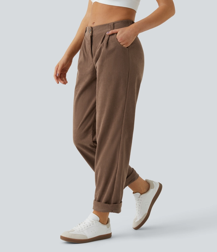 Pantalon Casual Velours Côtelé Taille Mi-haute Boutonnés Fermeture Éclair Poches Latérales