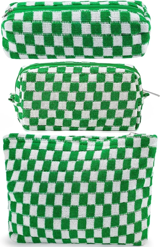 3Pcs Checkered Makeup Bag for Women Large Cosmetic Bag Set Travel Toiletry Bag Makeup Pouch Bag for Purse Green Zipper Storage Bag Organizer Cute Small Aesthetic Girls Car Essentials Bag