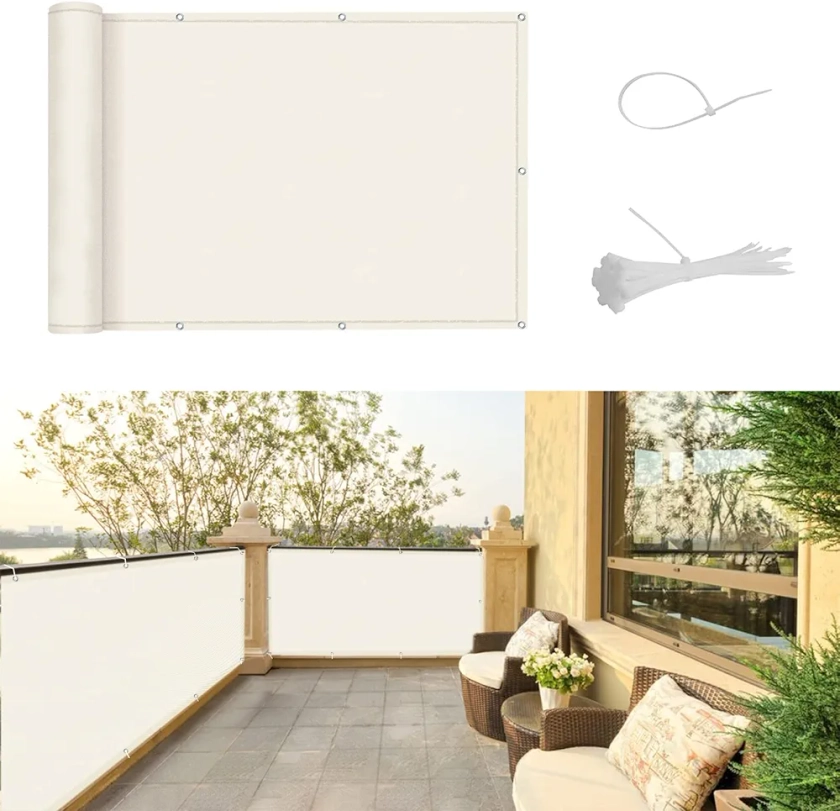 SUNNY GUARD Brise-Vue pour Balcon 90x500cm Couverture de Écran Jardin PES UV Résistant Pare-Vue Brise étanche avec Attaches de câble,Crème