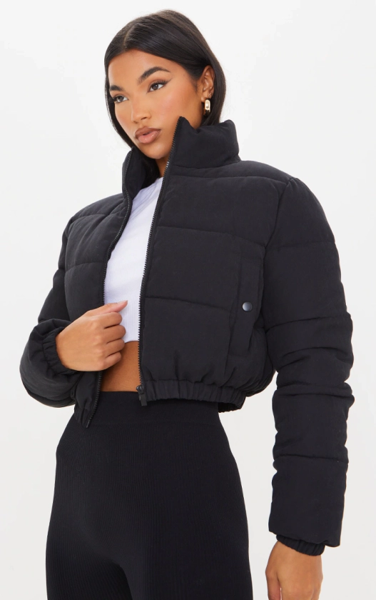 Black Peach Skin Cropped Bubble Puffer Jacket